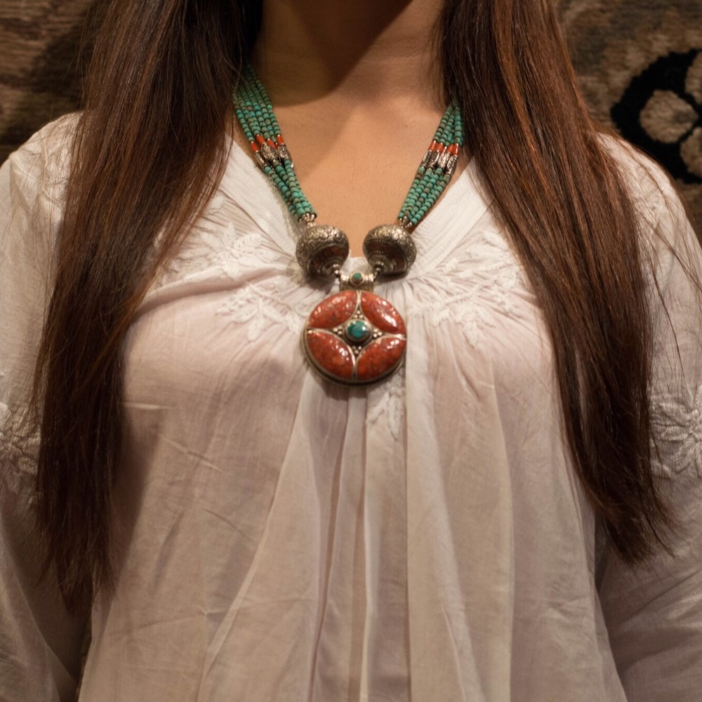 Turquoise beaded and Coral Necklace Tibet
